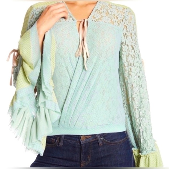 We Are HAH Kim On Lace Boho Ruffle Top Blue Green Size M - Picture 3 of 9